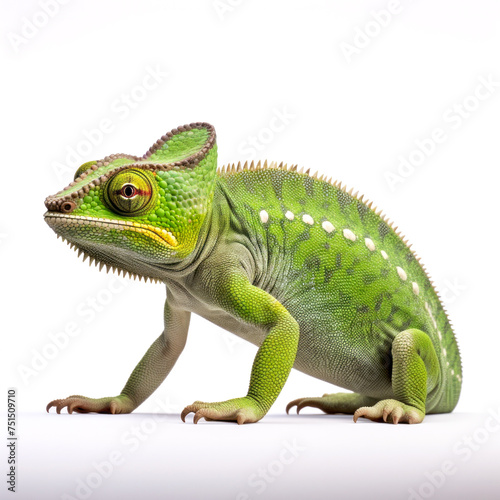 Vibrant Chameleon on a Soft white Backdrop
A vividly colored chameleon stands out against a tranquil, soft white background, showcasing the reptile's distinctive scales and captivating gaz