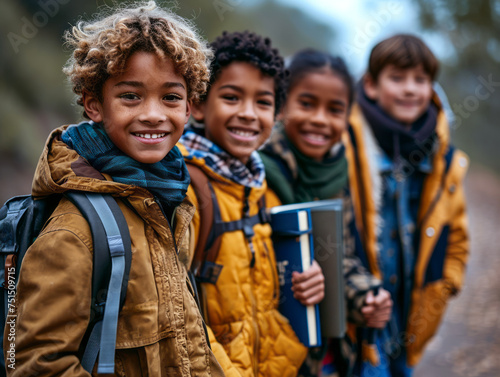 Four diverse children with backpacks smiling on a forest path during an outdoor adventure.
