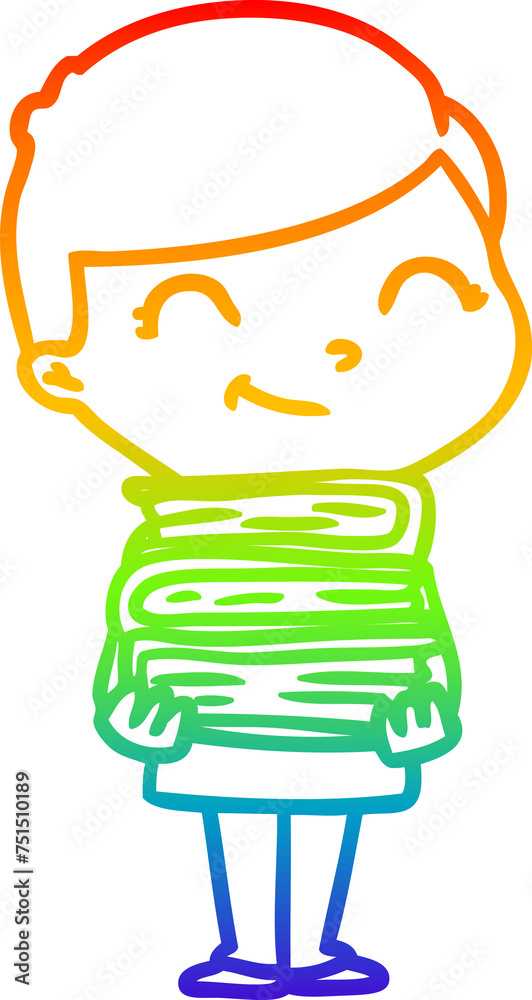 rainbow gradient line drawing cartoon boy with books smiling