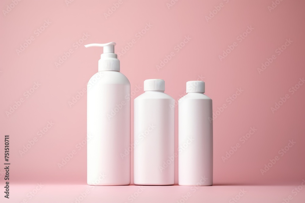 A trio of white cosmetic bottles arranged on a soft pink pastel background, symbolizing beauty and skincare. Cosmetic Bottles Set on Pink Pastel Background A trio of white cosmetic bottles arranged on a soft pink pastel background, symbolizing beauty and skincare. Cosmetic Bottles Set on Pink Pastel Background