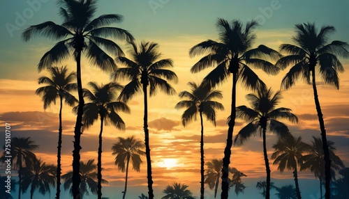 A serene pattern depicting palm tree silhouettes against a tropical sunset background