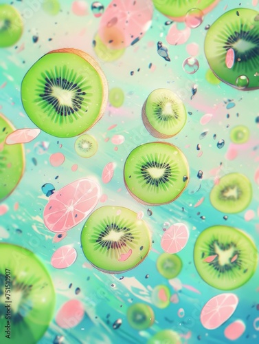 Vibrant scene with sliced kiwis, water droplets, and citrus, playfully floating against a teal backdrop