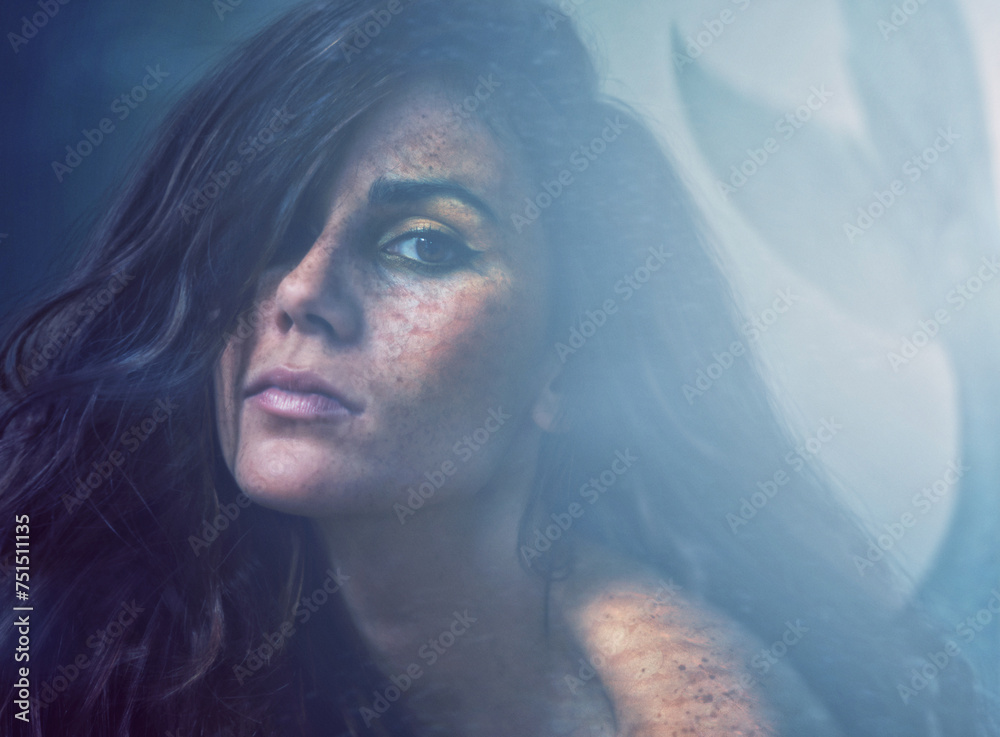 Mermaid, face and makeup in ocean for beauty, magic or myth for surreal and fantasy. Woman or serious with hair over eye for goddess, fairytale or fiction creature and folklore for mysterious Mermaid, face and makeup in ocean for beauty, magic or myth for surreal and fantasy. Woman or serious with hair over eye for goddess, fairytale or fiction creature and folklore for mysterious
