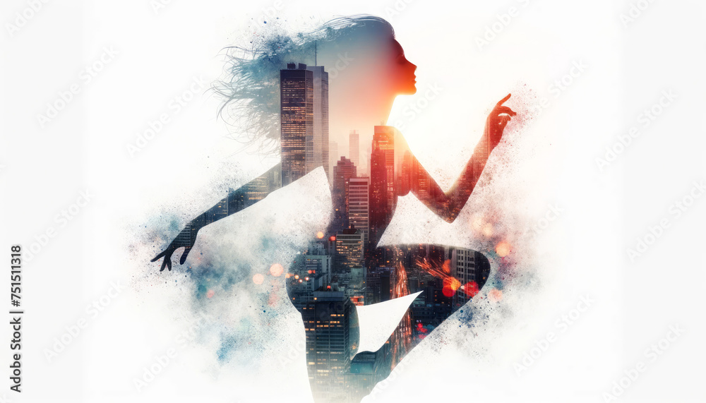 Silhouette of a Woman with Urban Background Double Exposure