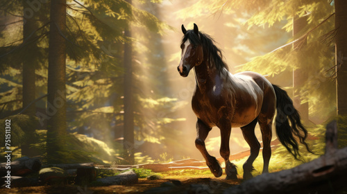 Horse with a shimmering coat in a woodland