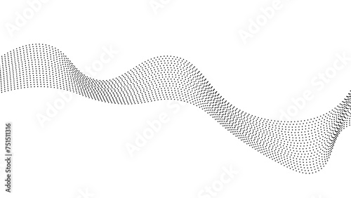 Flowing dot particles wave pattern halftone black gradient smooth curve shape isolated on transparent background. Vector in concept of technology, science, music, modern, banner, cover, poster.