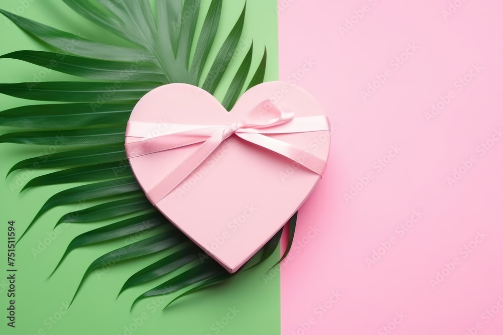 A pink heart-shaped gift box tied with a ribbon, set against a palm leaf and pink backdrop. Heart-Shaped Gift Box with Palm Leaf on Dual-tone Background