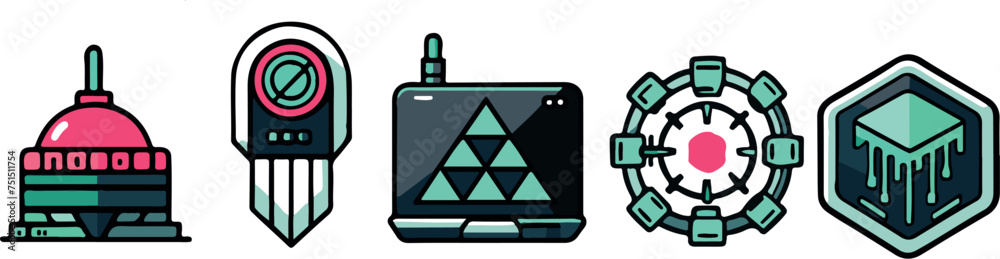 Set Greyscale cyberpunk video game symbol. Hand drawn vector illustration Set Greyscale cyberpunk video game symbol. Hand drawn vector illustration