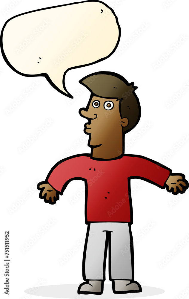 cartoon man shrugging shoulders with speech bubble