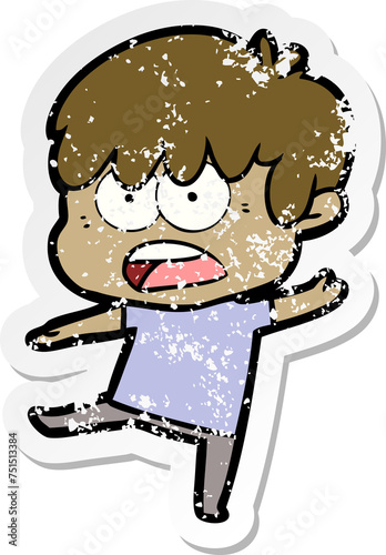 distressed sticker of a worried cartoon boy