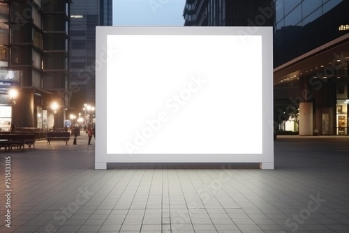 An empty advertising billboard lights up the dusk, ready for promotional content in a busy urban setting. Illuminated Blank Billboard in Evening Cityscape