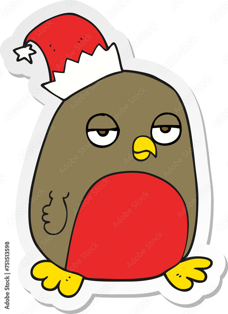 Obraz premium sticker of a cartoon christmas robin wearing santa hat