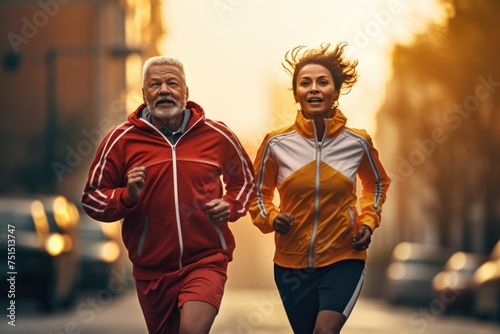 elderly couple dressed in tracksuits running with morning light