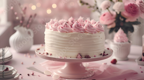 White an pastel pink cake on a table decorated for a celebration. generative ai