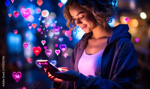 Smiling woman enjoying online shopping on her smartphone surrounded by floating digital icons of hearts, shopping cart, and social media notifications in a vibrant city night