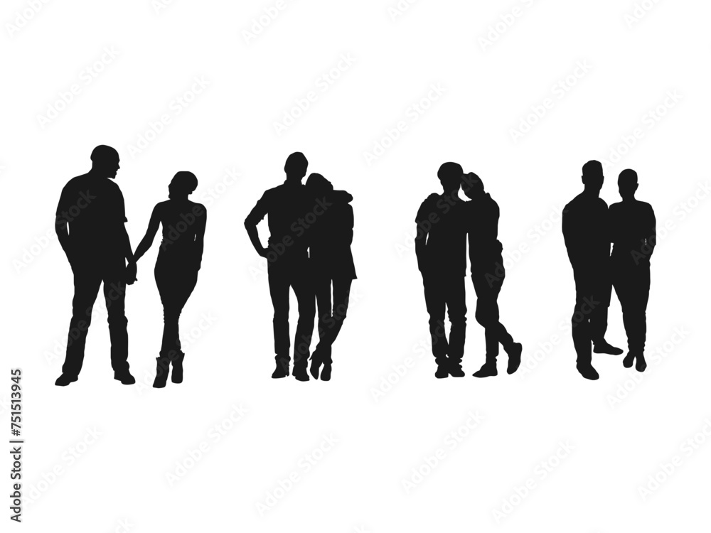 Couple vector silhouette. Hugging people. Man and Woman standing silhouette. People silhouettes vector set. men and a woman, a couple standing people, black color isolated on white background.