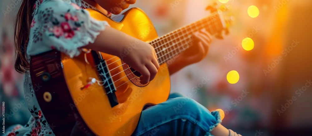 Obraz premium Young girl enjoying a sunny day while playing acoustic guitar outdoors in the park