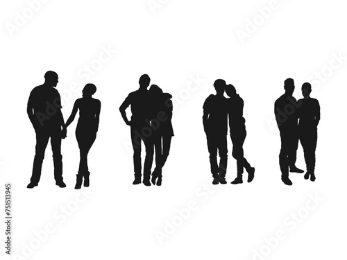 Couple vector silhouette. Hugging people. Man and Woman standing silhouette. People silhouettes vector set. men and a woman, a couple standing people, black color isolated on white background.