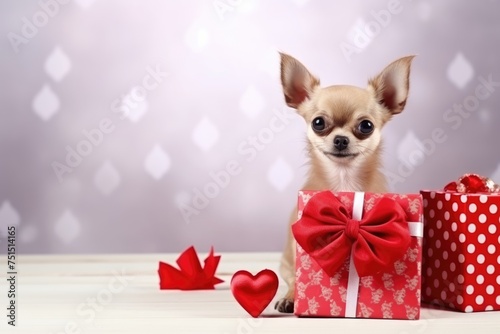 Cute Chihuahua wearing a bow tie with heart and gift box on a festive background.