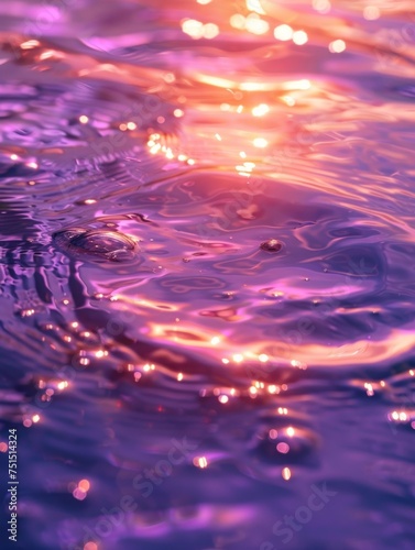 Detailed shot capturing the interplay of light on a water's surface with purple hues and sparkling bokeh