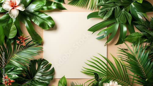 Summer tropical leaves with blank paper on beige background Summer tropical leaves with blank paper on white background Summer tropical leaves with blank paper on white background. Creative layout. 
