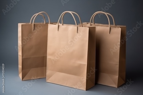 Three plain brown paper bags aligned on a blue background, representing eco-friendly shopping and packaging. Plain Brown Paper Shopping Bags on Blue