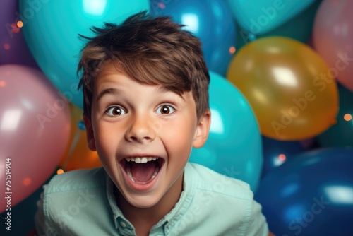 surprised little boy on solid bright background with colorful balloons. © dashtik
