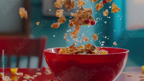 Commercial Photography: Colorful Cereals Flying Above Bowl.
