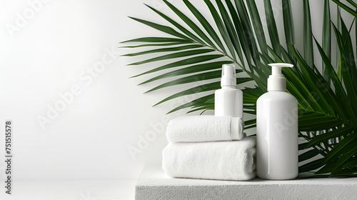 White cosmetic bottles with spa element and towel with palm leaf on white background. Blank label for branding mock-up. generative ai
