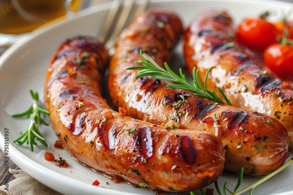 Succulent grilled sausages served on a white plate, accented with rosemary and cherry tomatoes
