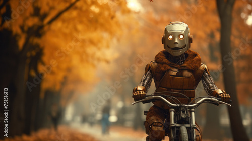 Humanoid robot rides through countryside on electric bicycle or scooter, replacing human in role of delivery service courier.