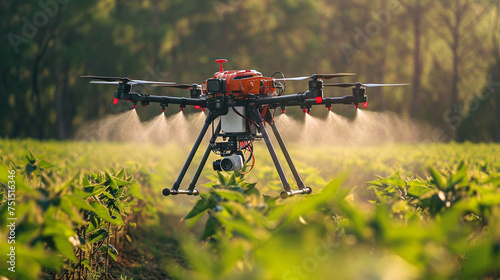 Drone flying spraying pesticides on soybean fields.