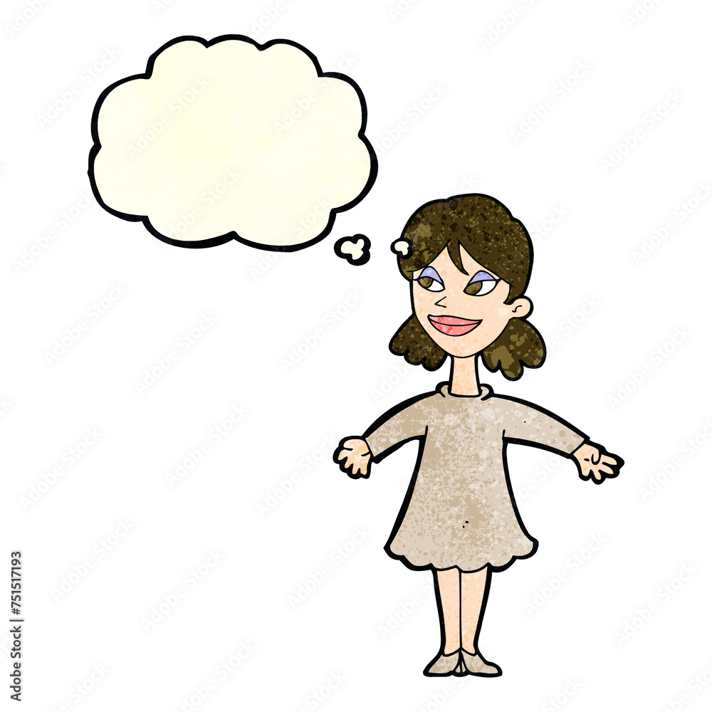cartoon woman with open arms with thought bubble cartoon woman with open arms with thought bubble