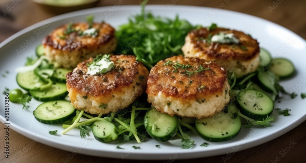 Deliciously seasoned fish cakes with a refreshing cucumber salad Deliciously seasoned fish cakes with a refreshing cucumber salad