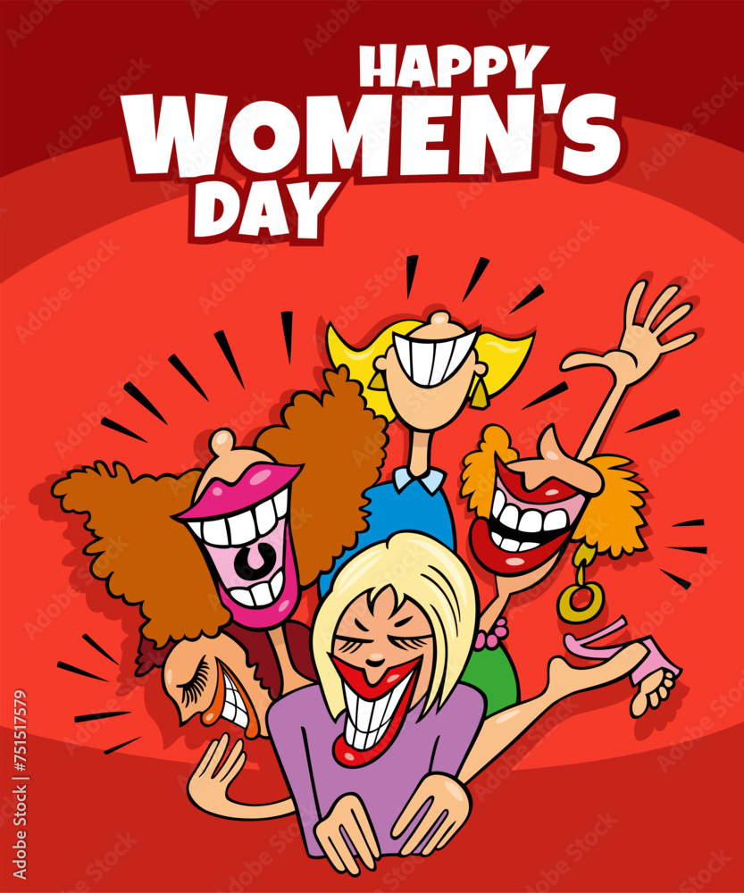 Women's Day design with funny cartoon women at party