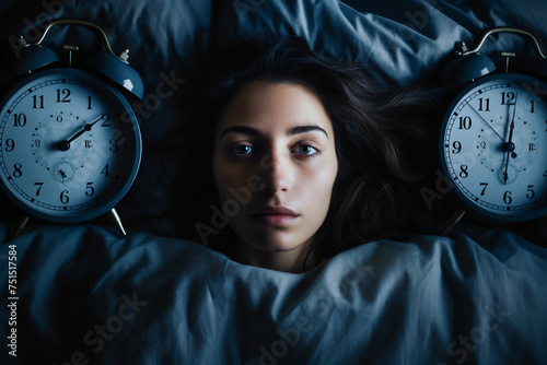 A woman struggles with insomnia, lying in bed staring at the ceiling with a clock nearby. Concept of sleepless nights and sleep disorders.