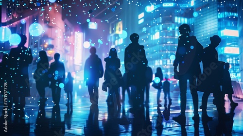 Busy modern futuristic city street with many people walking amid neon city lights in the evening, against a cyberspace-themed wallpaper background. AI Generative © kodidesign
