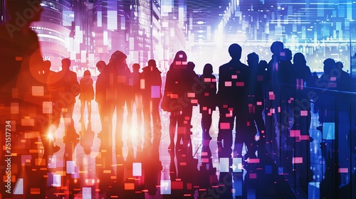 Busy modern futuristic city street with many people walking amid neon city lights in the evening, against a cyberspace-themed wallpaper background. AI Generative