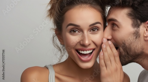A young caucasian man whispering to the woman's ear with his hand close to his mouth so no one could hear what she is talking about on light neutral grey background hatching up or contriving something