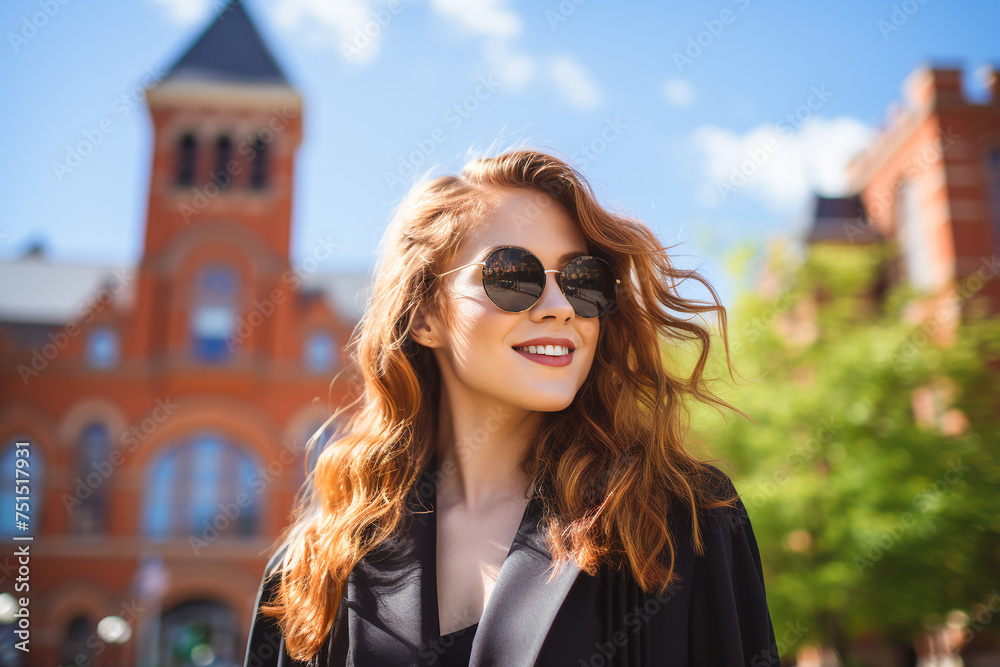 A young woman student stands by the historic university building on a sunny day. She smiles, embodying the joy of campus life.