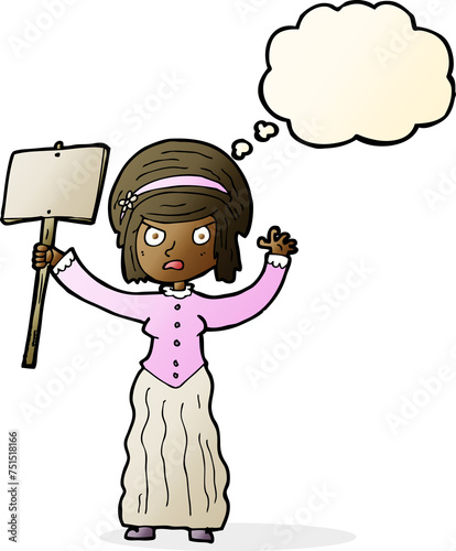 cartoon Victorian woman protesting with thought bubble