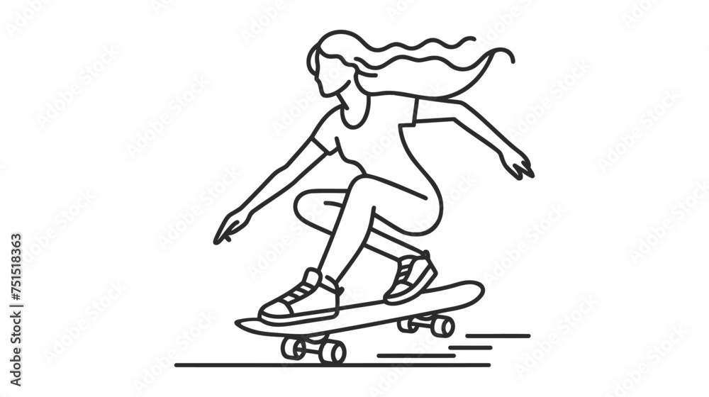 woman on scateboard. one line art vector on white background