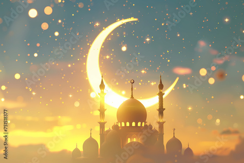 Mosque at night with big crescent, ramadan kareem photo