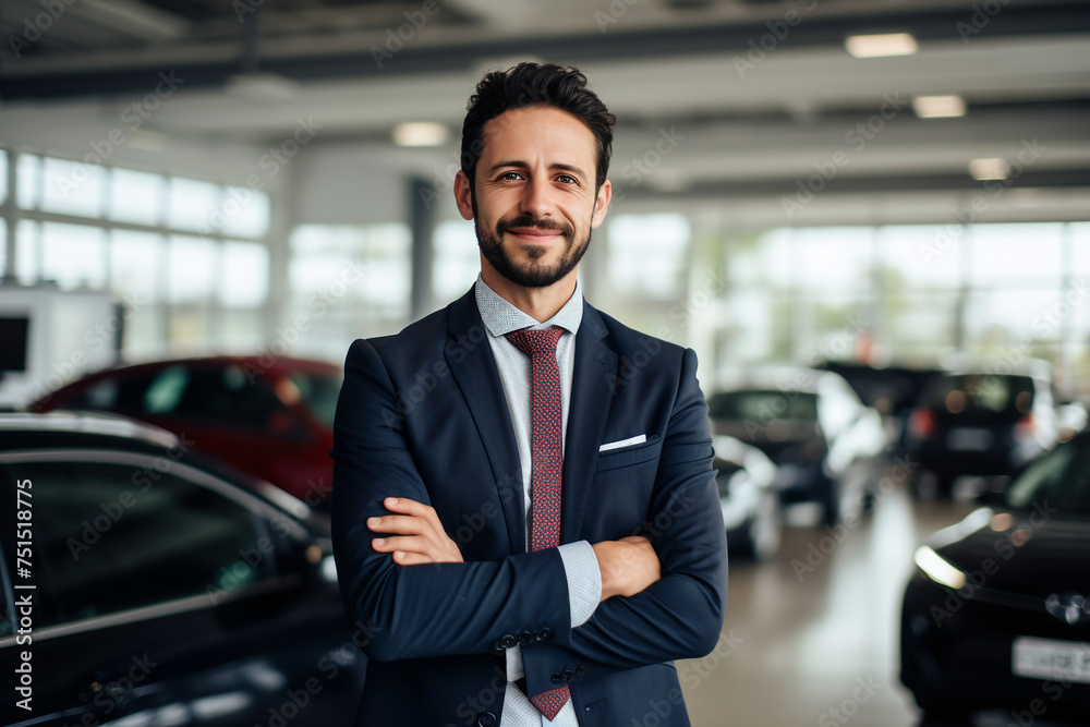 A car salesman manager stands among new vehicles in a showroom, ready to assist customers. Bright and inviting, the dealership offers a wide selection of cars for sale.