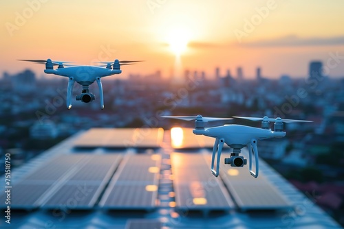 Drones buzzing around rooftop installations, symbolizing clean energy infrastructure. photo