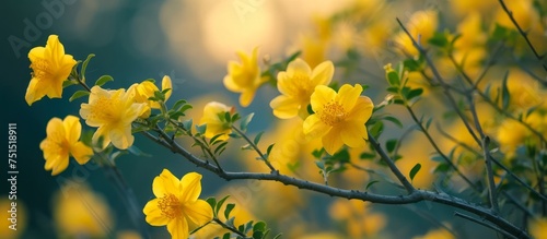 Vibrant Yellow Flowers Blooming on a Tree Branch in Springtime