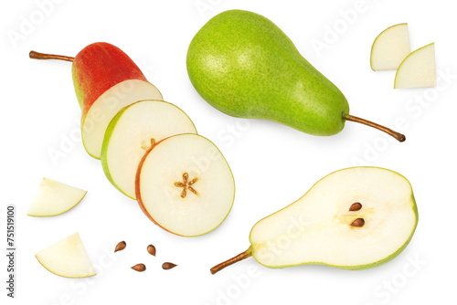 pear with slices isolated on white background. Clipping path. top view