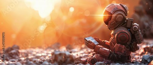 A small red robot is sitting on a rocky surface, looking at a tablet