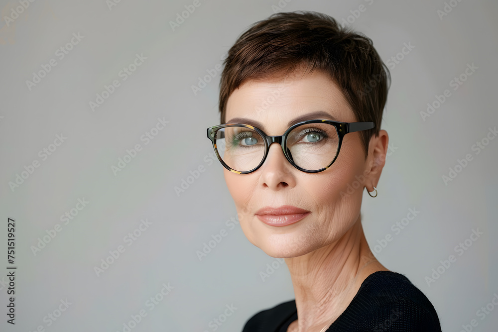 Closeup portrait of mature beautiful woman with short hair wearing glasses, isolated on light background Closeup portrait of mature beautiful woman with short hair wearing glasses, isolated on light background