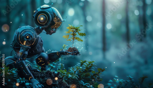 A robot is holding a plant in its hand